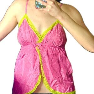 VS Pink NWT 2005 Vintage Y2K Pink Green Lace Trim Babydoll Top Silk XS
